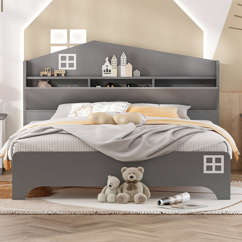 Wooden Full Size House Bed with Storage Headboard ,Kids Bed with Storage Shelf,Grey