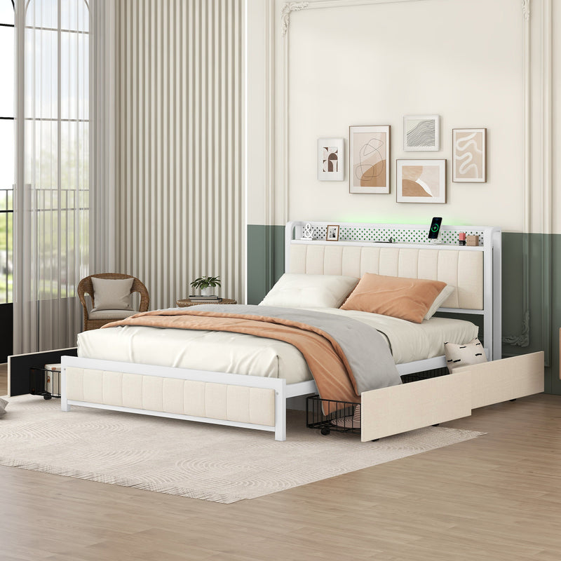 Queen Bed Frame with LED Headboard, Upholstered Bed with 4 Storage Drawers and USB Ports, Beige