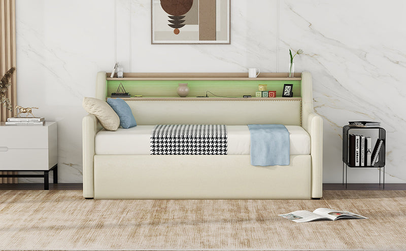 Twin Size Daybed with Hydraulic Storage, Upholstered Daybed with Lift Up Storage, Twin Leather Daybed with Charging Station and LED Lights,Beige