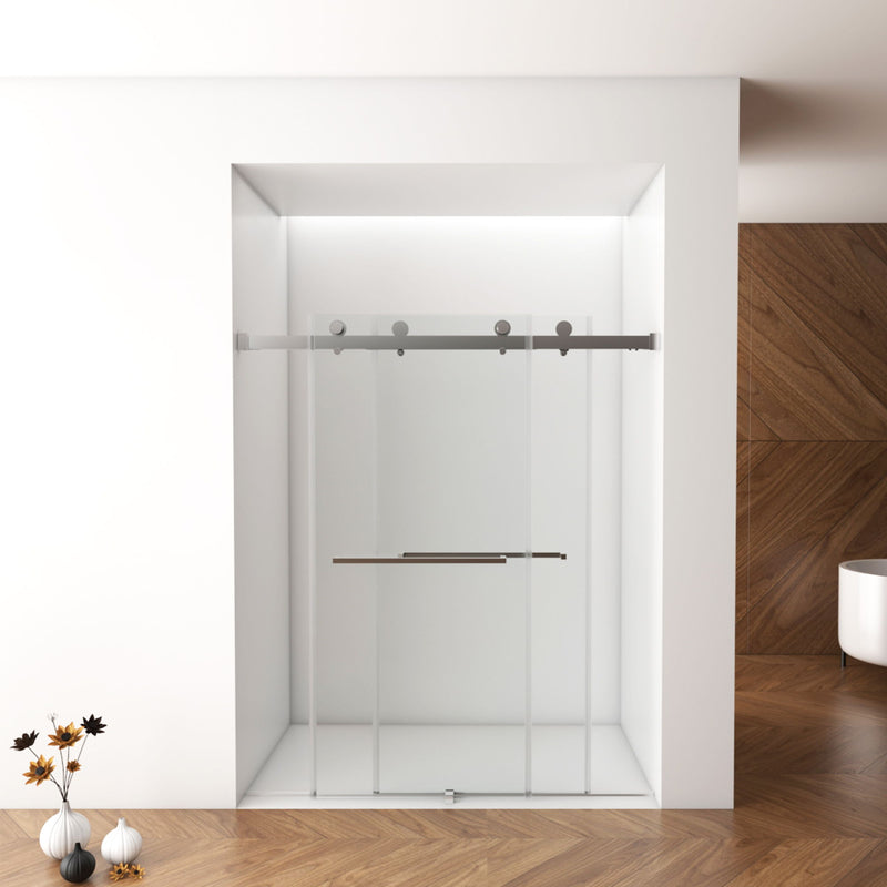 Frameless Shower Door, Double Sliding Shower Door, Clear Tempered Glass Shower Enclosure With Square Rail, Double Side Easy Clean Coat, Finished With Buffer