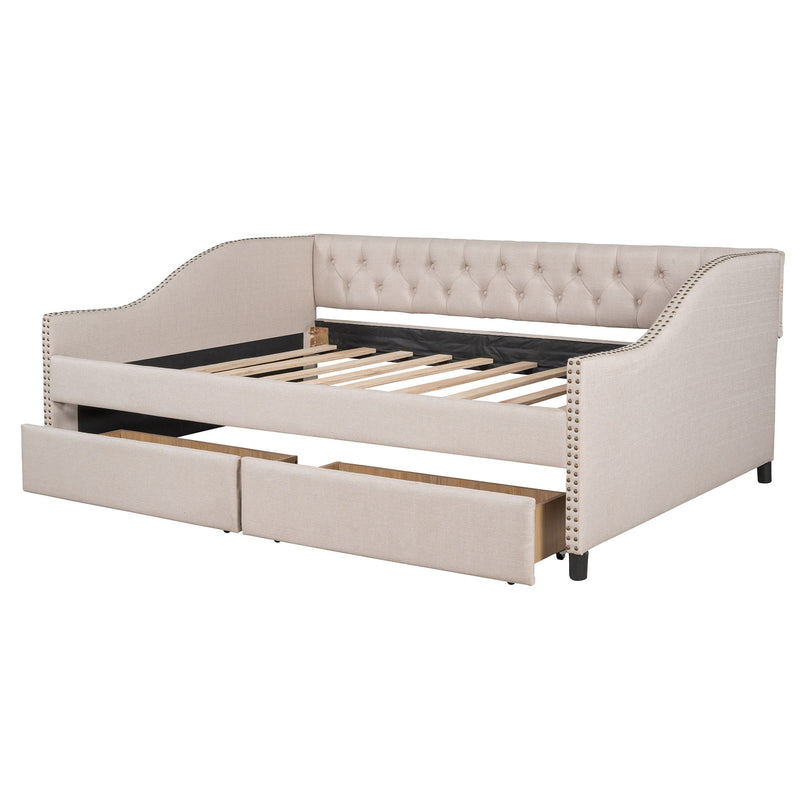 Full Size Upholstered Daybed With Two Drawers, Wood Slat Support