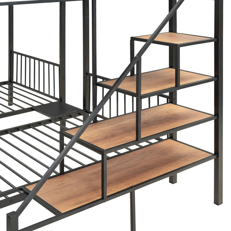 Full Over Twin-Twin Triple Bunk Bed With Drawers And Staircase - Black