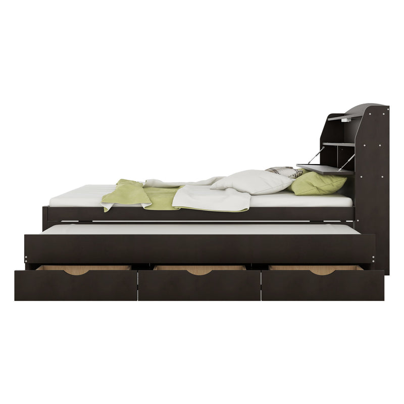 Wooden LED Platform Bed With Trundle, With Storage Headboard, With Drawers