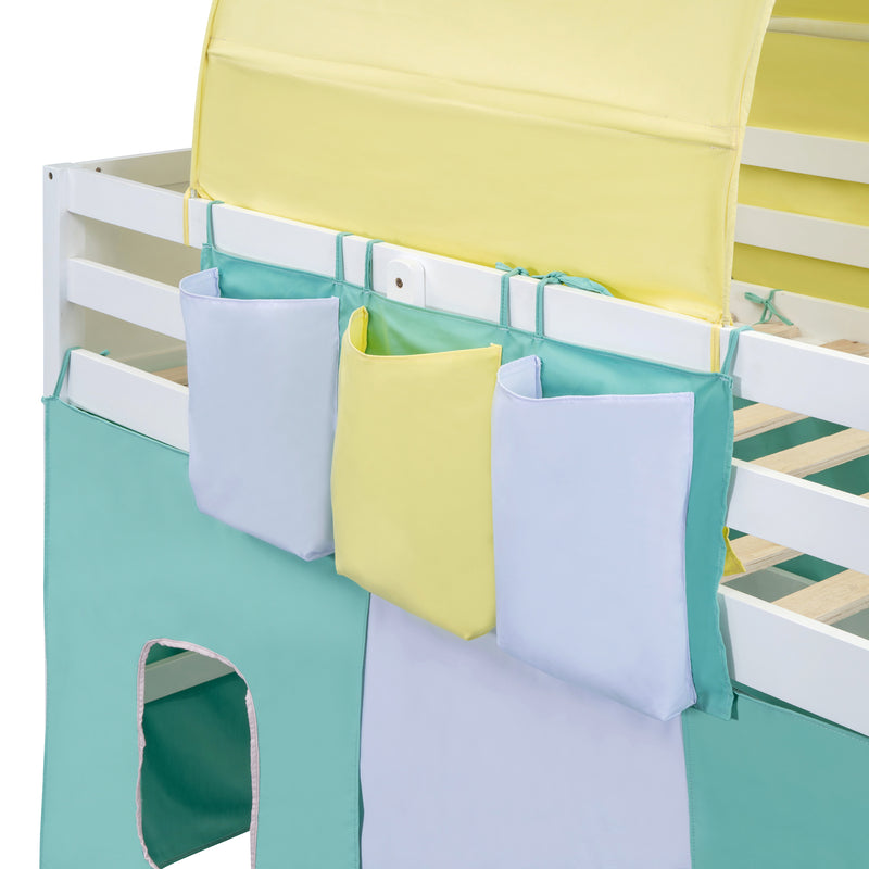 Twin Size Loft Bed with Tent and Tower  and  Three Pockets- Green