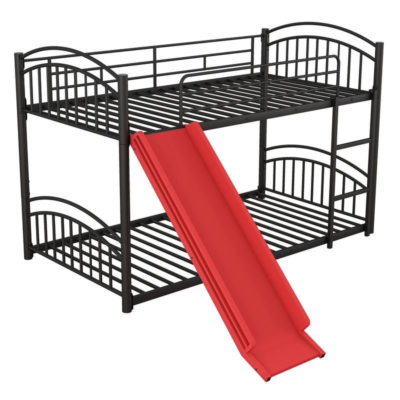 Twin Over Twin Metal Bunk Bed With Slide,Kids House Bed Black+Red