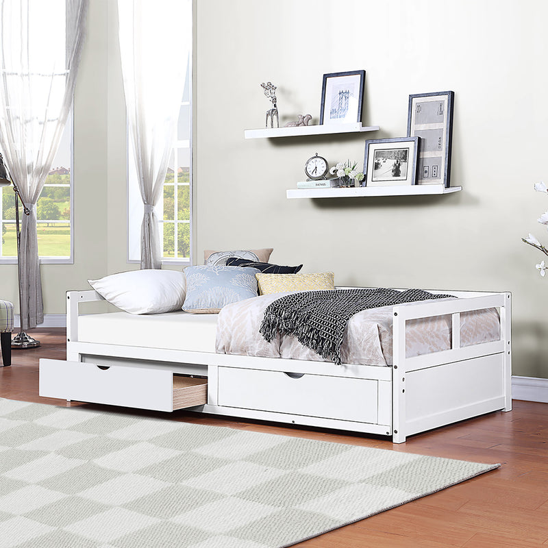 Wooden Daybed with Trundle Bed and Two Storage Drawers , Extendable Bed Daybed,Sofa Bed for Bedroom Living Room,White