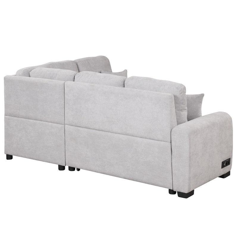 Sectional Sleeper Sofa With USB Charging Port And Plug Outlet, Pull-Out Sofa Bed With 3 Pillows, L-Shape Chaise For Living Room Small Apartment