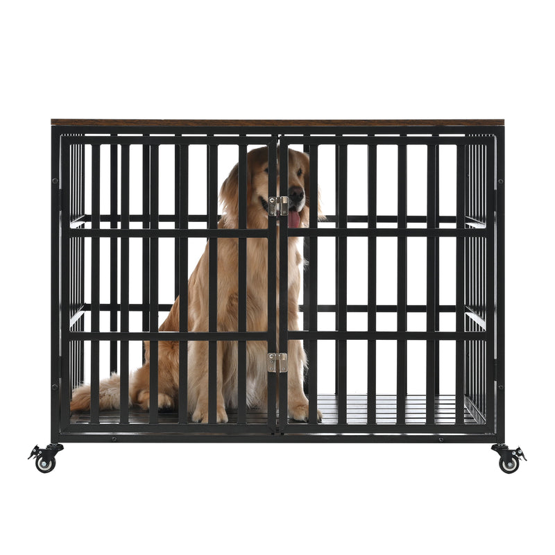 Heavy Duty Dog Crate For Large Medium Dogs, Furniture Style Cage With 4 Lockable Wheels And 2 Locks, Decorative Pet House Wooden Cage Kennel Furniture Indoor - Black