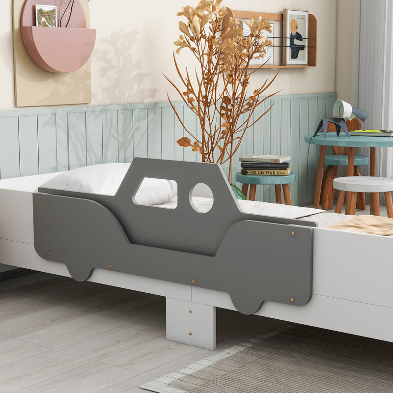 Car-Shaped Twin Wood Bed with Bench,White