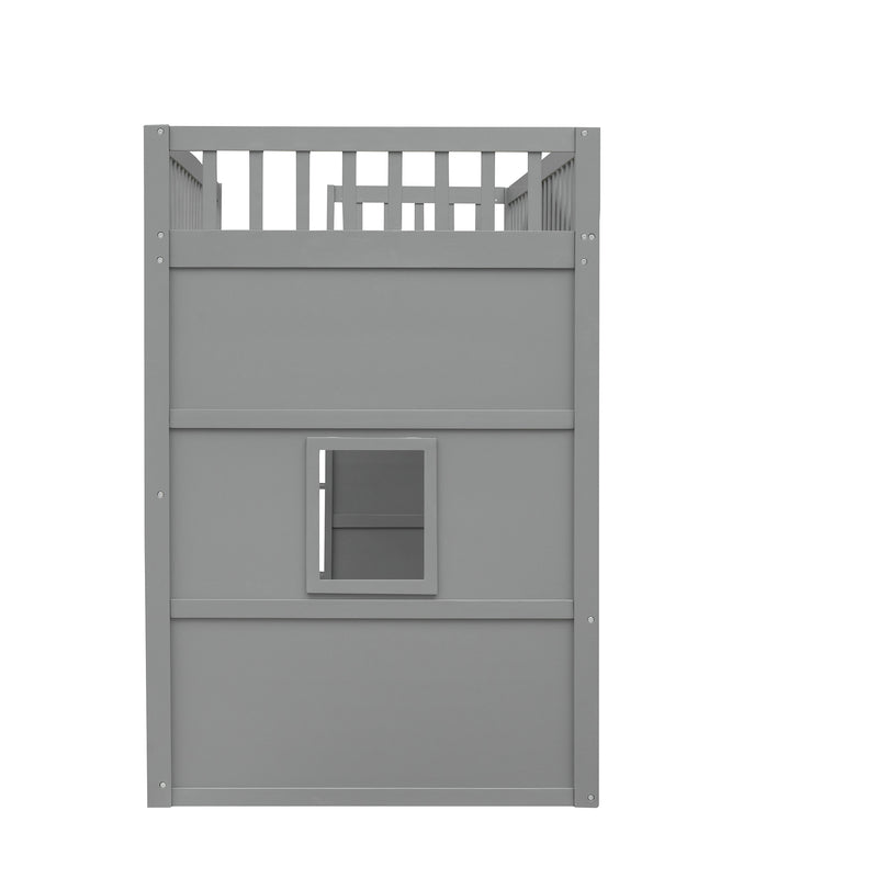 Twin Size House Loft Bed With Ladder-Gray+White Frame