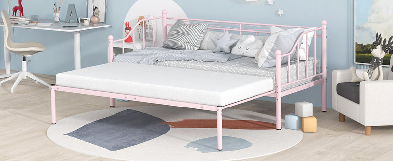 Twin Size Metal Daybed with Trundle, Daybed with Slat No Box required Pink