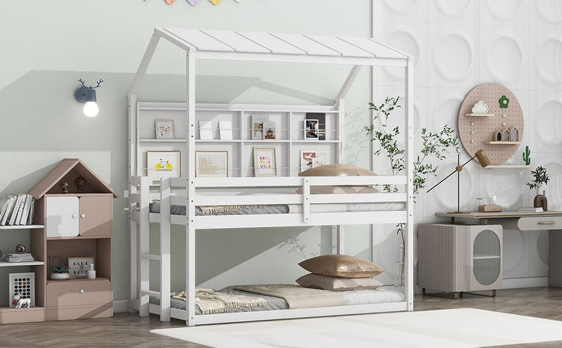 House Loft Bed With Guardrails, Semi-Enclosed Roof, Bedside Shelves And Ladder