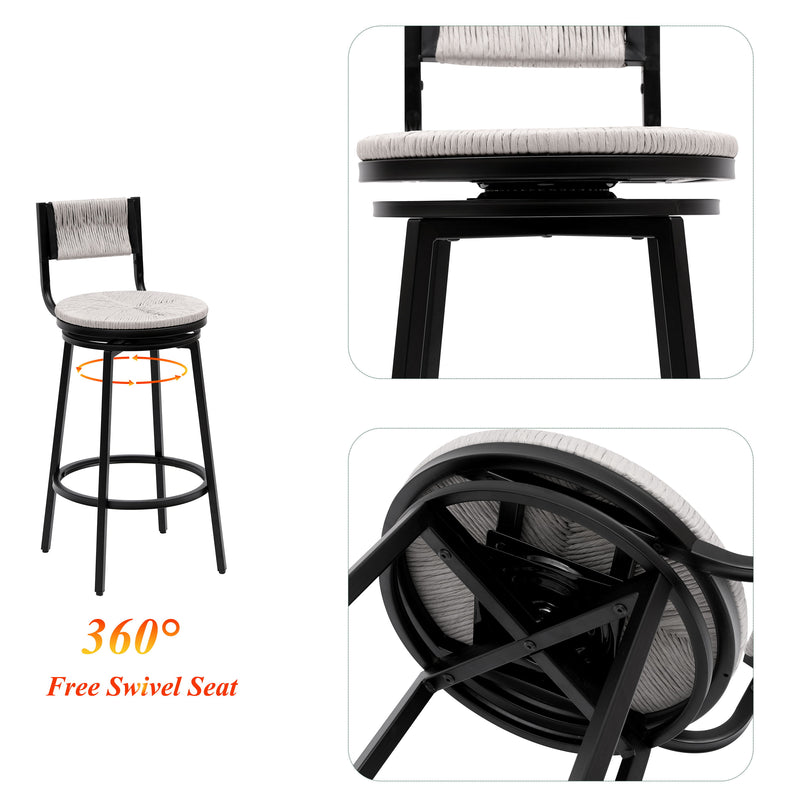 Bar Stools Swivel Counter Chairs With Metal Frame Hand Woven Paper Rope Dining Barstools For Kitchen Counter (Set of 2)