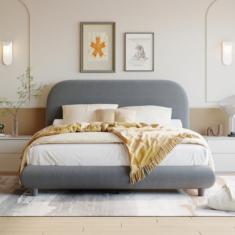 Teddy Fleece Full Size Upholstered Platform Bed with Thick Fabric, Solid Frame and Stylish Curve-shaped Design, Gray