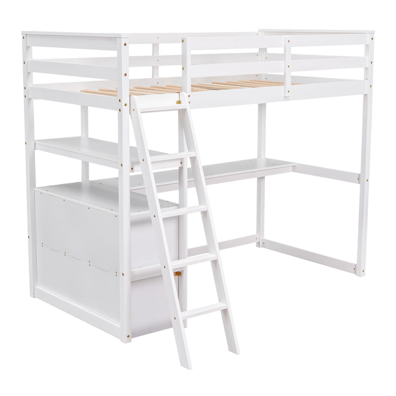 Twin Size Loft Bed with Desk and Shelves, Two Built-in Drawers, White (old SKU: GX000803AAK-1)