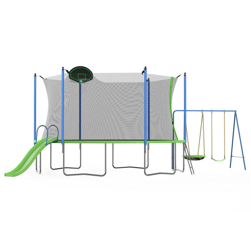 12Ft Trampoline With Slide And Swings, Astm Approved Large Recreational Trampoline With Basketball Hoop And Ladder, Outdoor Backyard Trampoline With Net, Capacity For Kids And Adults - Green / Blue