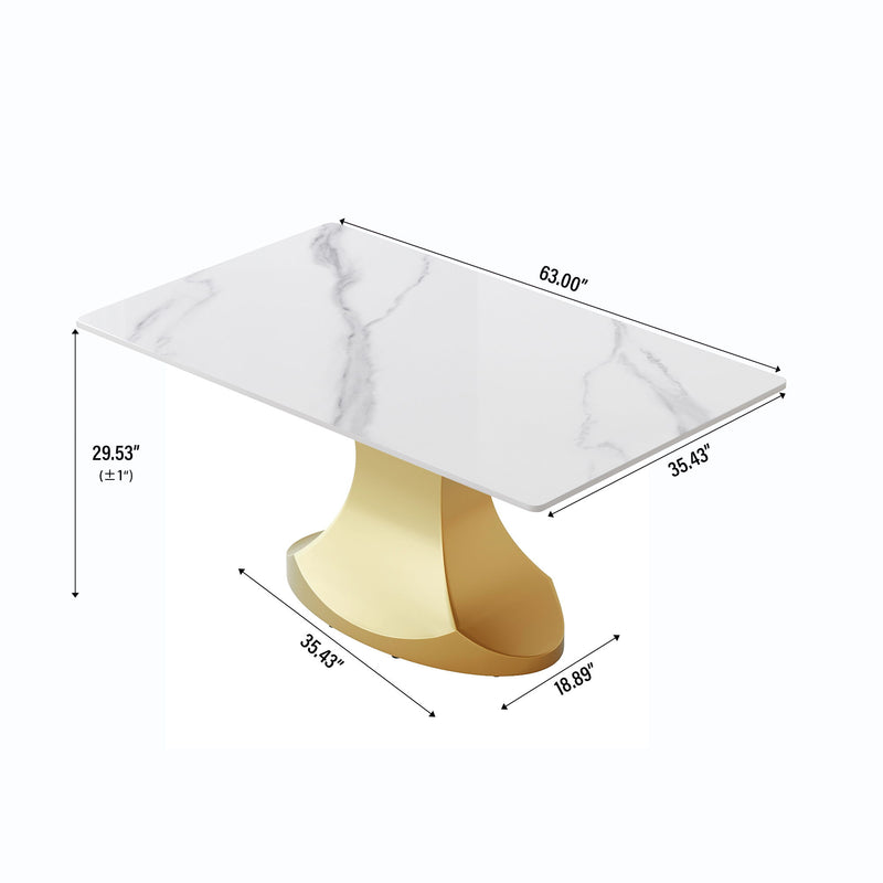 63" Modern Artificial Stone Panel Golden Stainless Steel Curved Legs, Can Accommodate 6-8 People - White / Gold