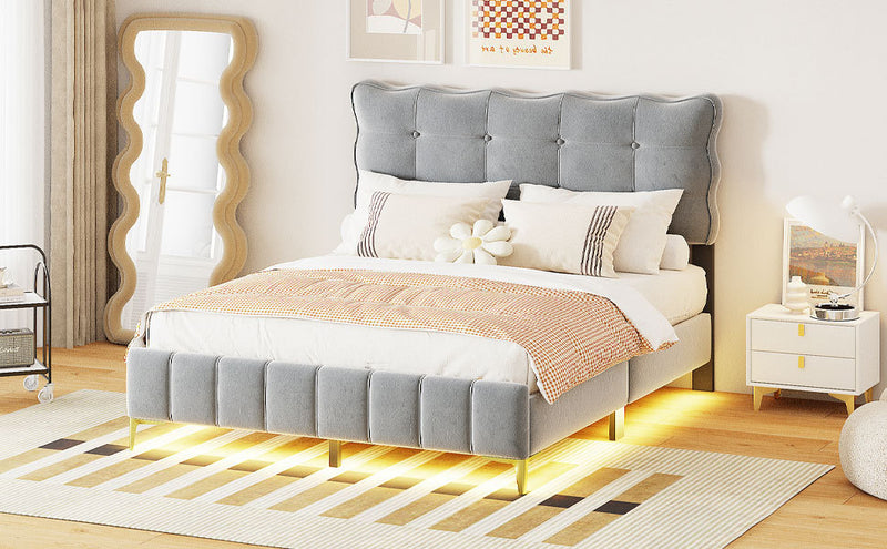 Queen Size Velvet Platform Bed with LED Frame and Stylish Mental Bed Legs, Gray