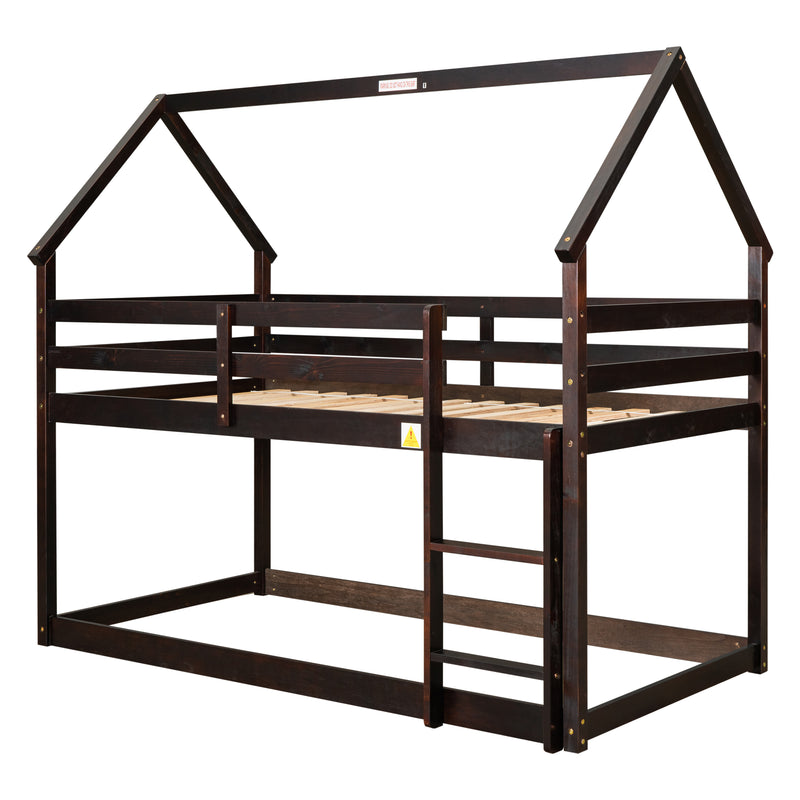 Twin over Twin Loft Bed with Roof Design, Safety Guardrail, Ladder, Espresso