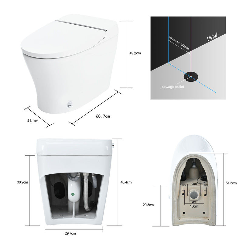 Smart Toilet Bidet Combo With Self-Cleaning Nozzle, Upmarket Compact Dual Flush Toilet 1 / 1.28 Gpf, Tank Less Toilet With Foot Sensor Flush - White Night Light