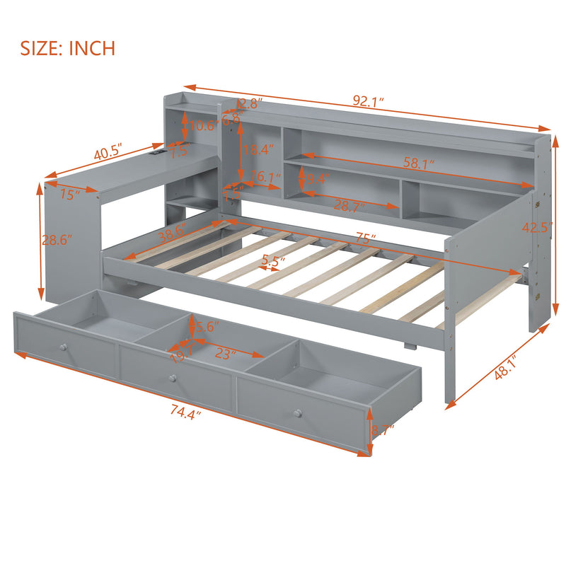 Wooden Daybed With 3 Drawers, USB Ports And Desk