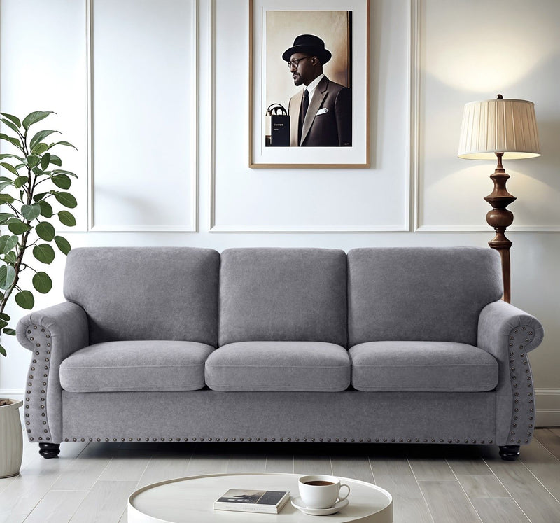 Soft Sofa, Upholstered 3 Seater Couch With High Density Foam, Loose Back Cushions And Turned Legs