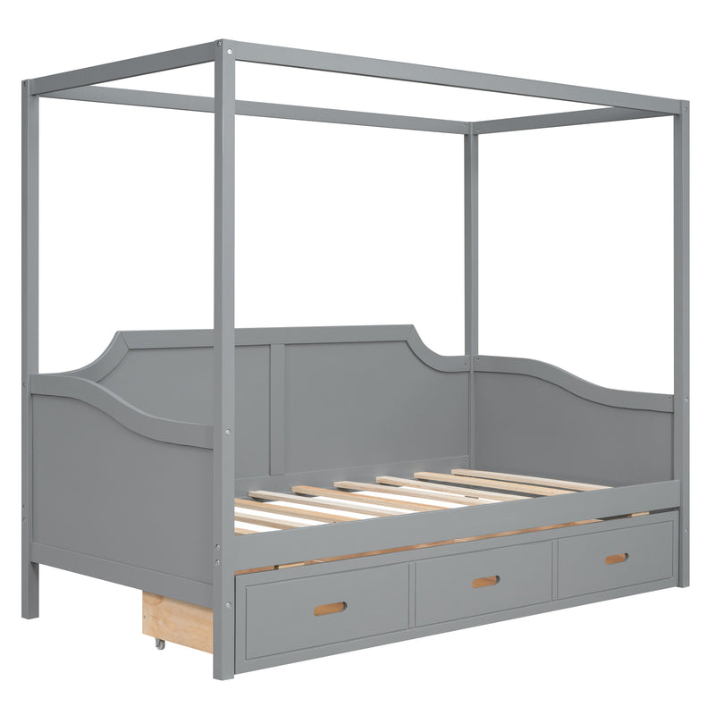 Twin Size Wooden Canopy Daybed with 3 in 1 Storage Drawers,Grey