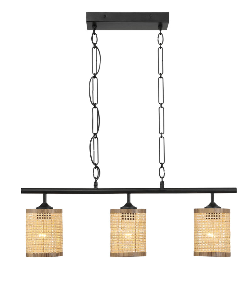 Elysian - 3 Lights Island With Natural Shade Farmhouse Chain Ceiling Lamp - Black / Rattan