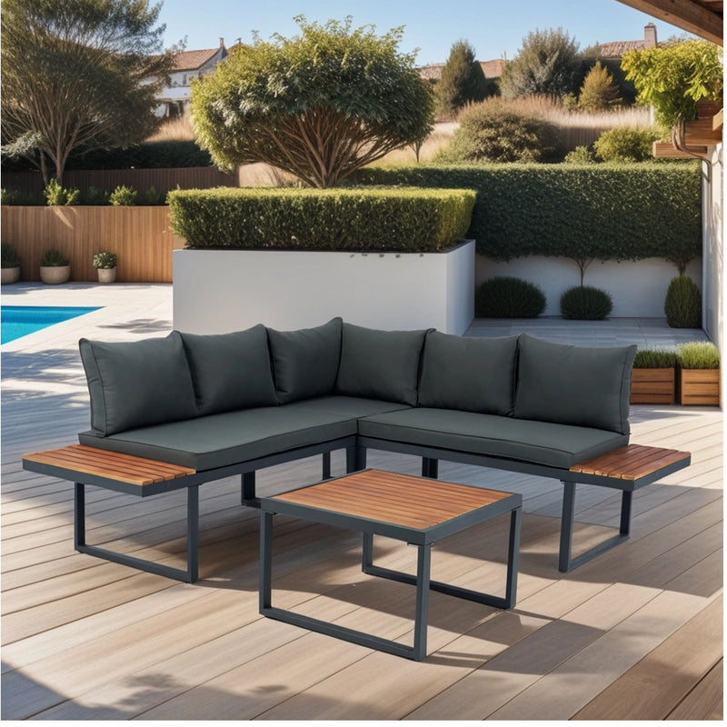 4 Piece L-Shaped Patio Wicker Outdoor 5 Seater Sectional Sofa Seating Group Conversation Sets With Side Table & Cushions - Dark Gray