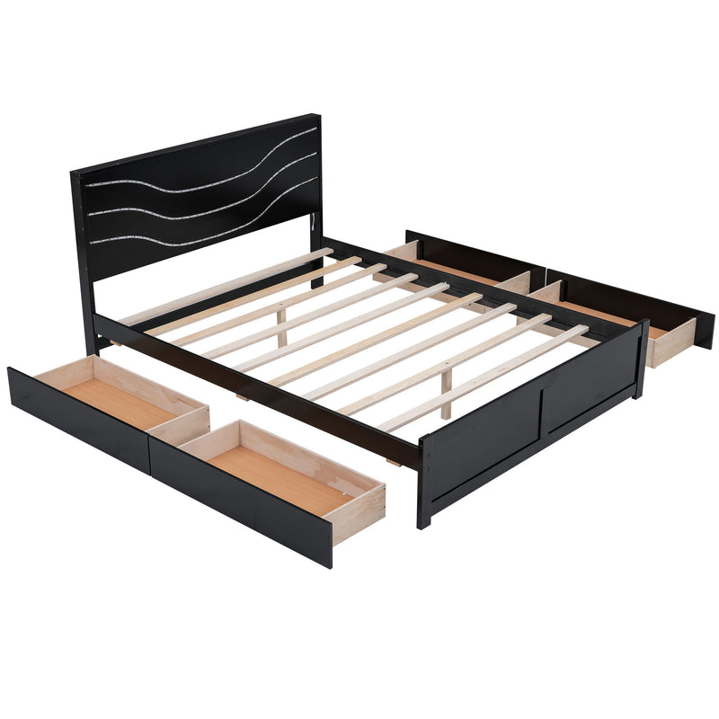 Queen Size Wood Storage Platform Bed with LED and 4 Drawers, Black