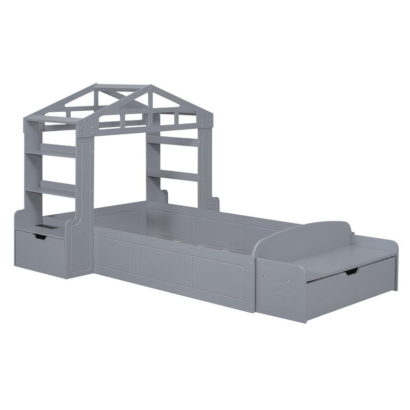 Twin Size House Bed with Bench, Socket and Shelves, Gray