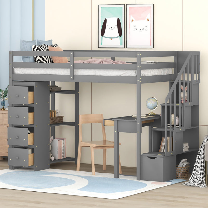 Twin size Loft Bed with Storage Drawers ,Desk and Stairs, Wooden Loft Bed with Shelves - Gray