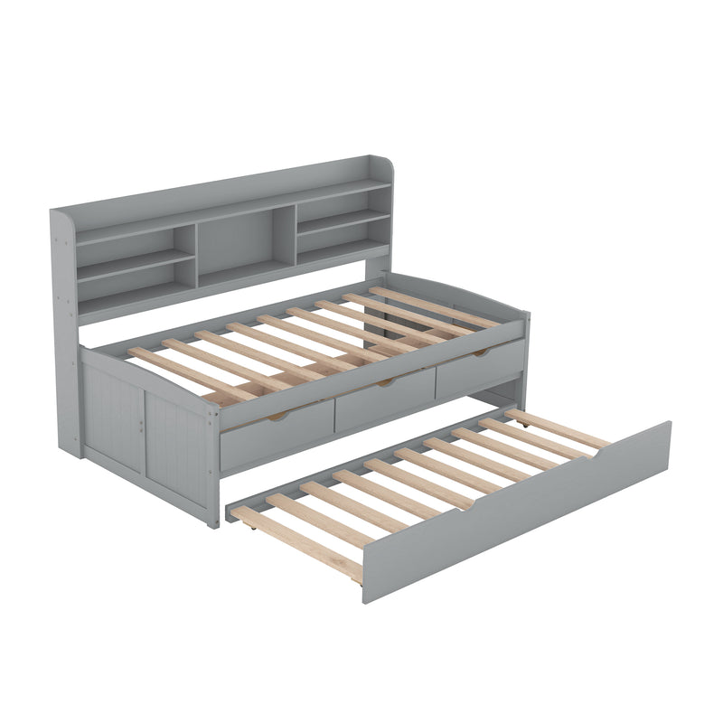 Twin Size Wooden Captain Bed with Built-in Bookshelves,Three Storage Drawers and Trundle,Light Grey