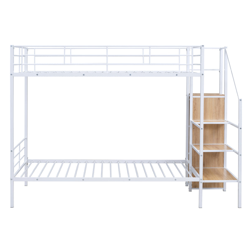 Twin Over Twin Metal Bunk Bed with Lateral Storage Ladder and Wardrobe, White