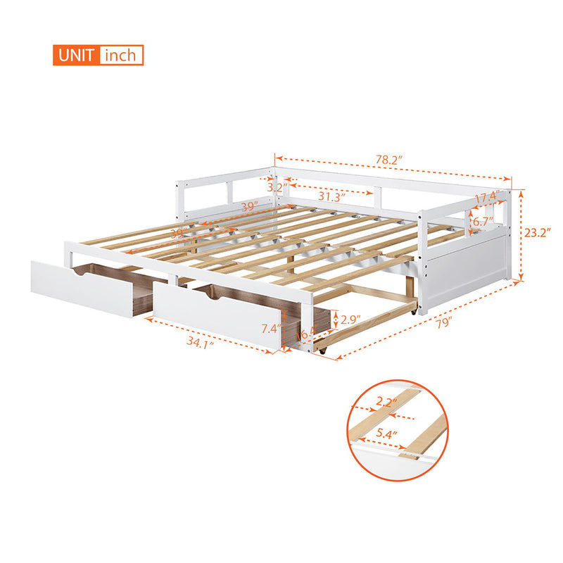 Wooden Daybed With Trundle Bed And Two Storage Drawers, Extendable Bed Daybed, Sofa Bed For Bedroom Living Room