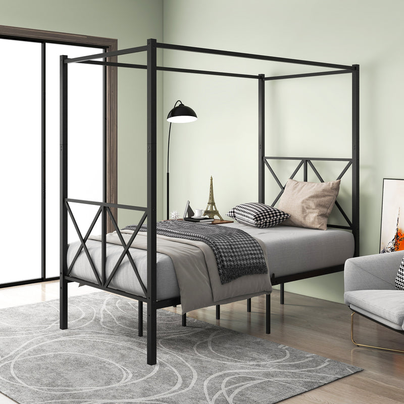 Twin Size Metal Canopy Bed Frame, Platform Bed Frame  with X Shaped Frame Black