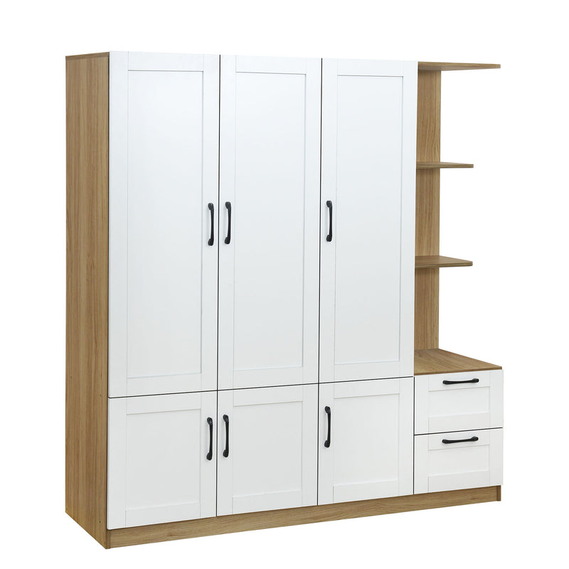 3 Door Storage Wardrobe For Dedroom With Shelves And 2 Drawers, Side Storage Shelves