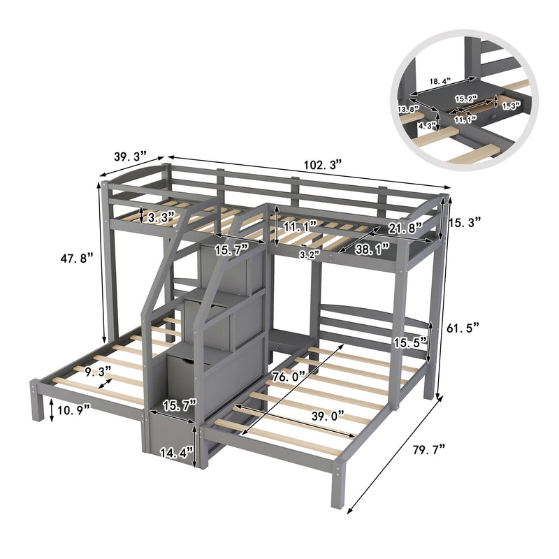 Twin over Twin & Twin Bunk Bed with Built-in Staircase and Storage Drawer,Gray