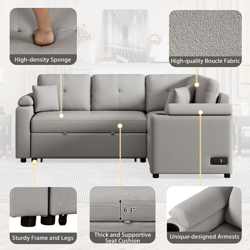 L-Shape Sofa Bed Pull-Out Sleeper Sofa With Wheels, USB Ports, Power Sockets For Living Room