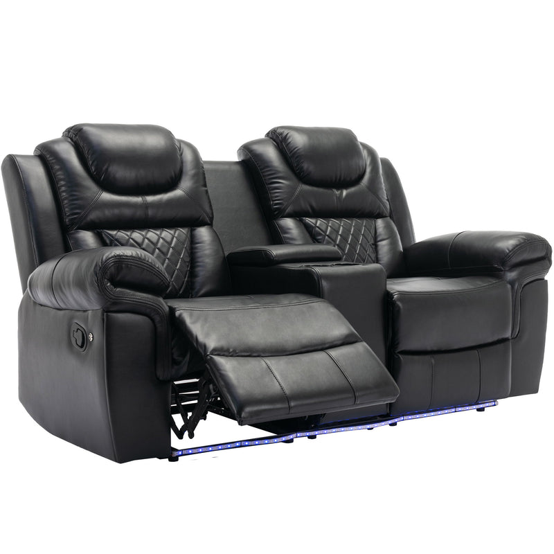 3 Pieces Recliner Sofa Sets Home Theater Seating Manual Recliner Chair With Center Console And Led Light Strip For Living Room