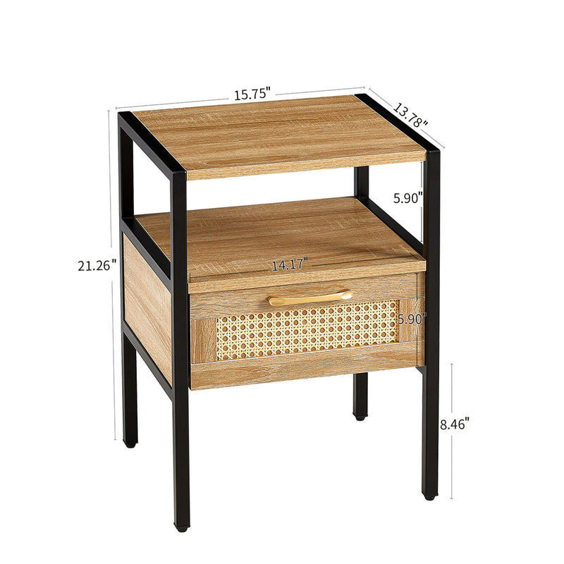 Rattan End Table With Drawer, Modern Nightstand, Metal Legs, Side Table For Living Room, Bedroom