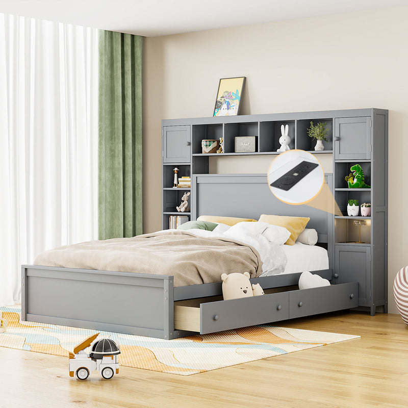 Queen Size Wooden Bed With All-in-One Cabinet, Shelf and Sockets, Gray