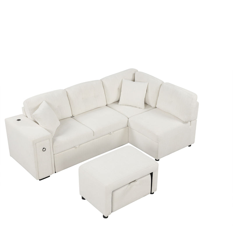 Sectional Sofa L-Shaped Sofa Couch Pull-Out Sofa Bed With A Movable Ottoman, Two USB Ports And Two Cup Holders For Living Room