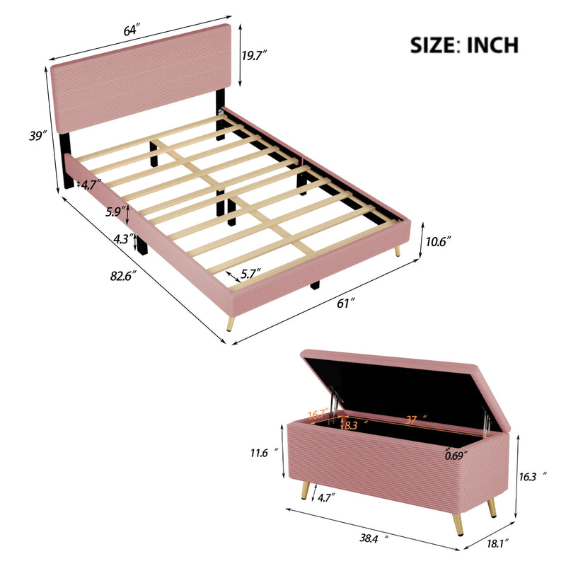 2 Piece Bedroom Sets Upholstered Bed Frame, Modern Corduroy Storage Ottoman