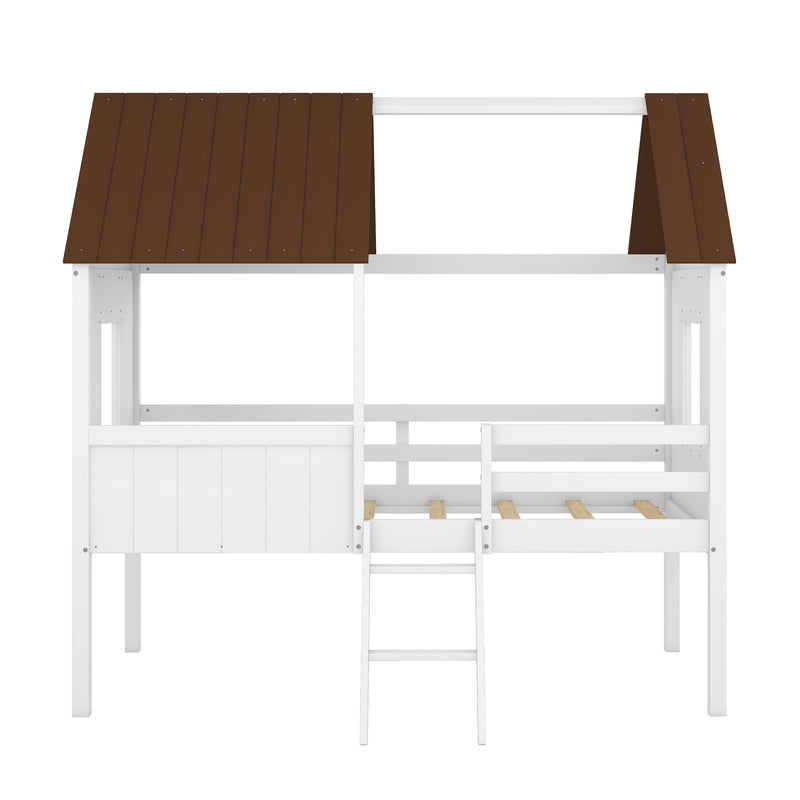 Twin Size Low Loft Wood House Bed with Two Side Windows  (White+Brown)(OLD SKU: LP000037AAD)