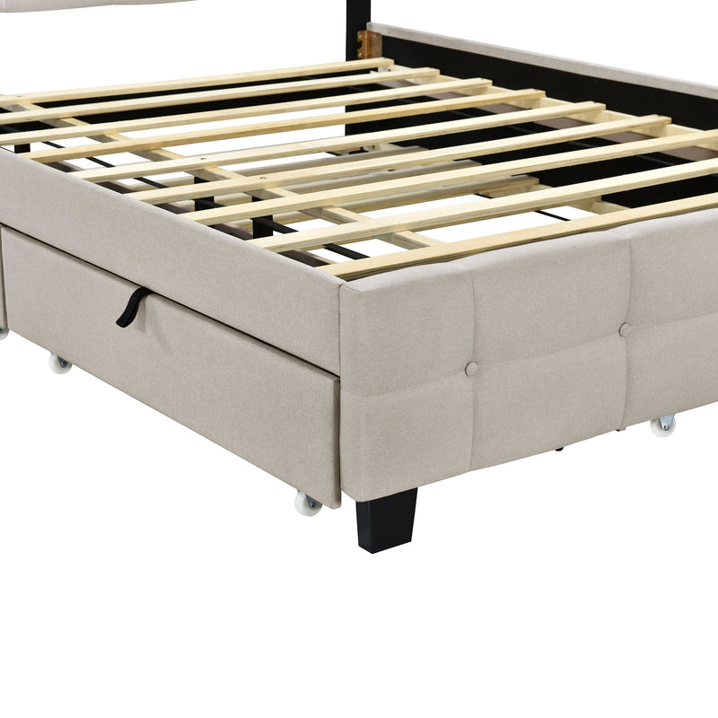 Queen Size Upholstered Platform Bed with LED Frame, with Twin XL Size Trundle and 2 drawers, Linen Fabric, Beige