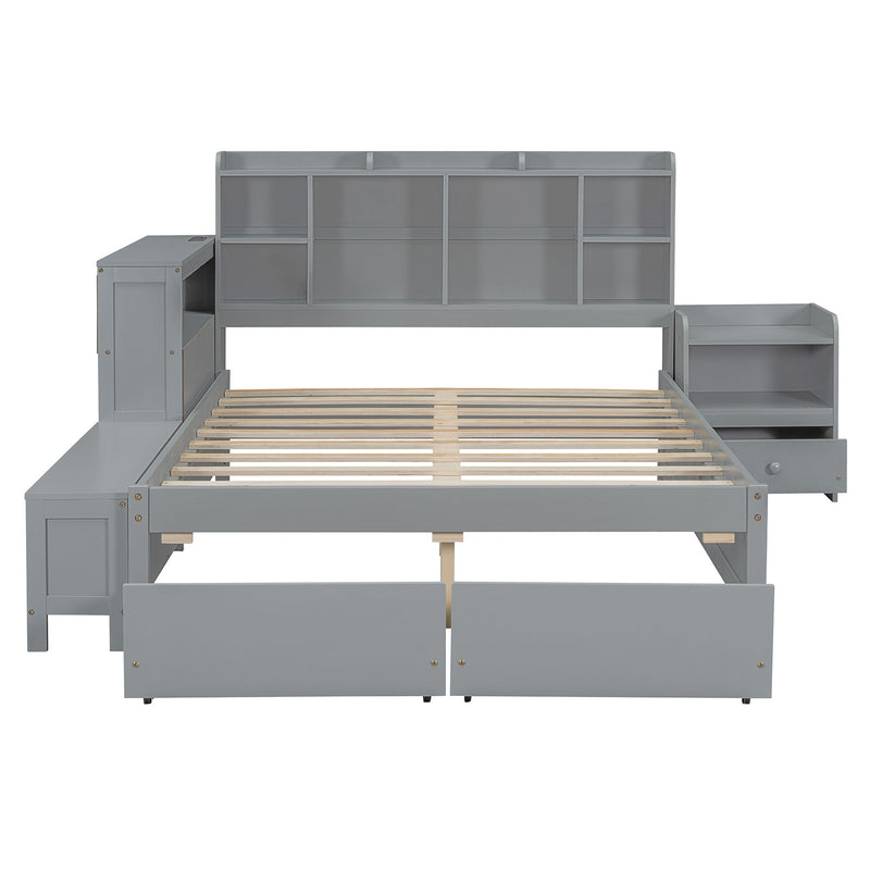 Platform Bed With Multi Functional Storage Space, Nightstand, 2 Drawers, USB Ports And Desk