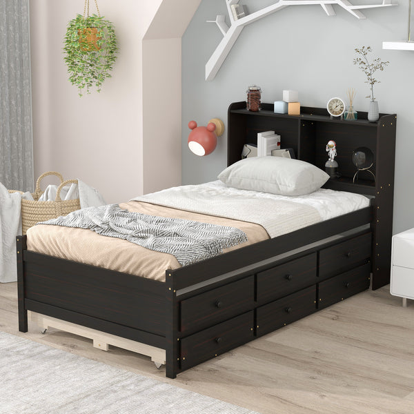 Twin Bed with Bookcase,Twin Trundle,Drawers,Espresso