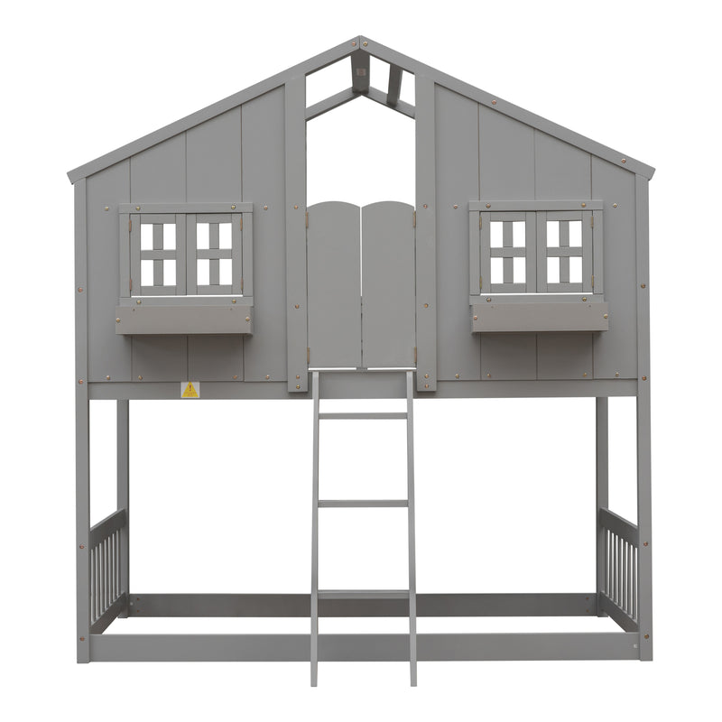 Twin over Twin House Bunk Bed with Roof , Window, Window  Box, Door , with Safety Guardrails and Ladder, Grey