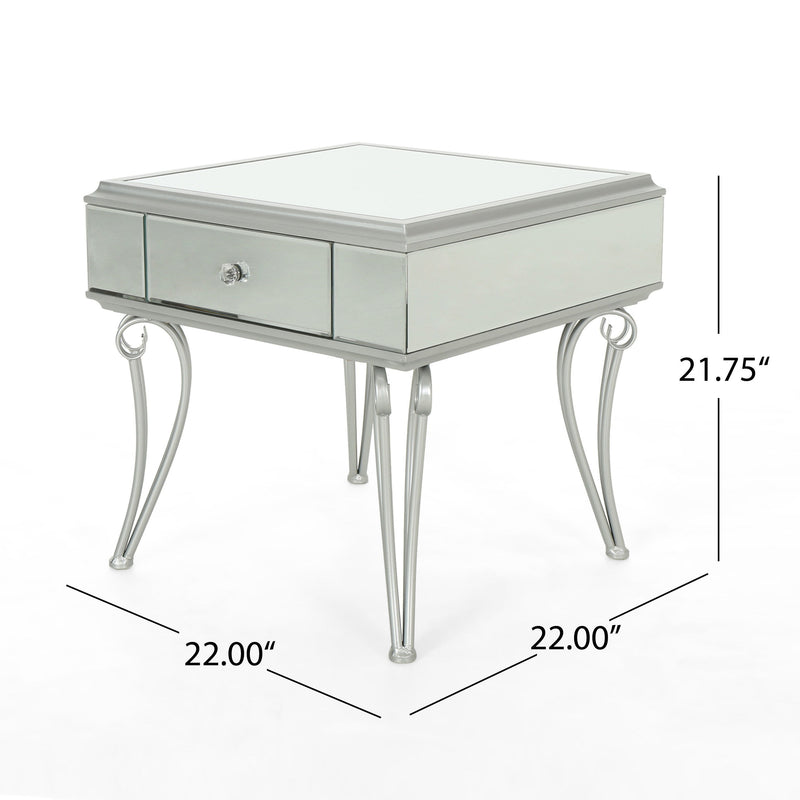 Mirrored Nightstand End Table With 1 Drawer For Bedroom Living Room - Silver